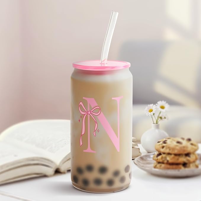 SANDJEST Monogrammed Glass Drinking Can Cup with Acrylic Lid and Straw, Personalized Frosted Iced Coffee Tumbler 16oz, Monogram Initial Gifts for Women Girls on Birthday (N)