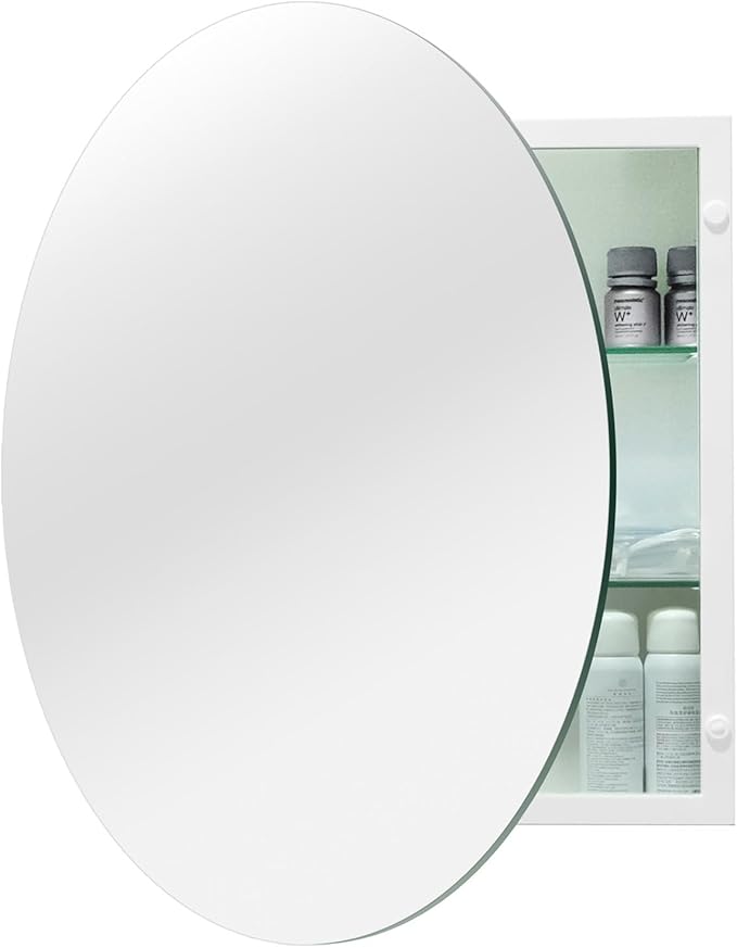Round Bathroom Medicine Cabinet, 28 Inches Frameless Circle Mirrored Cabinet Wall Mounted Cabinet with Surface Mount Installation