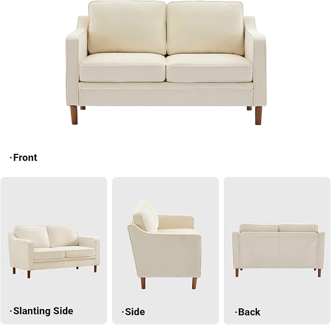Kingfun 56" Chenille Sofa, Loveseat Couch, Mid Century Modern Love Seat Couches with Solid Wood Frame for Living Room & Bedroom, Beige