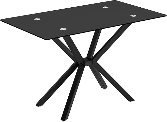 47'' Modern Glass Dining Table for 2-4 People, Rectangular Dining Room Table with Black Metal Legs, Clear Tempered Glass Top Dining Table for 4, Black Dining Kitchen Table for 4