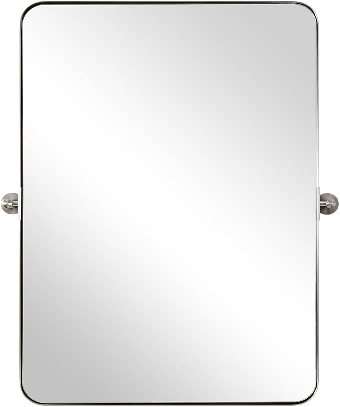 ANDY STAR 20"x30" Brushed Nickel Pivot Mirror for Bathroom, Silver Metal Frame Bathroom Mirrors for Wall,Rectangle Titling Vanity Wall Mirror with Rounded Corner Design Hangs Vertically Only