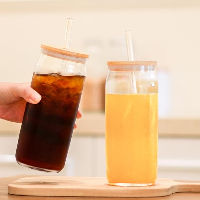 24oz Drinking Glass with Bamboo Lid and Straw, 2 Pack Glass Tumbler for Beer, Iced Coffee, Matcha Cup with 2 Straw Brush