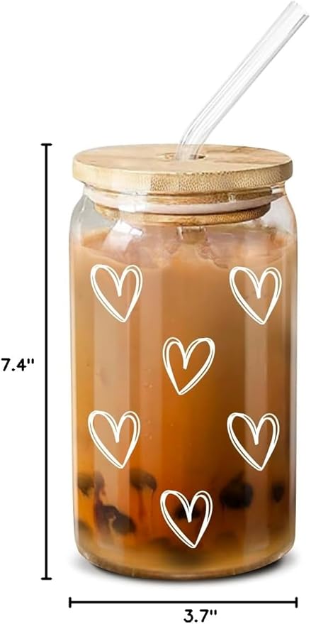 NewEleven Cute Glass Coffee Cups With Lids And Straw – Aesthetic Cups – Iced Coffee Cup, Coffees Tumbler – Christmas Gifts For Women, Friends, Coffees Lover - 16 Oz Coffee Glass