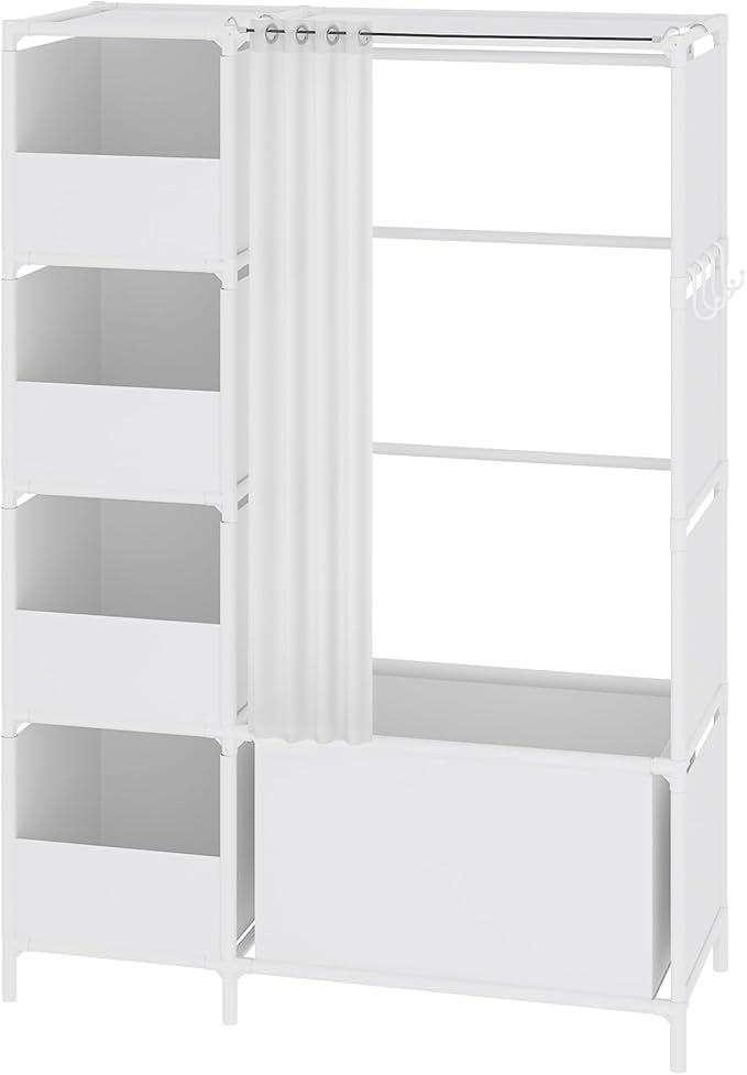 MOYIPIN Portable Closet,Free Standing Wardrobe Closet with Hanging Rod and Curtain,Clothes Storage Organizer, for Cloakroom, Bedroom,40.55 x 16.73 x 65.35Inches,White
