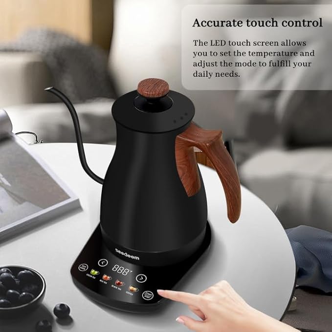 SEEDEEM Gooseneck Electric Kettle Full Touch Screen 1200W Electric Tea & Coffee Kettle with Four Heating Modes Rapid Heating,±1℉ Temperature Control,Keep Warm Mode,1L Electric kettle