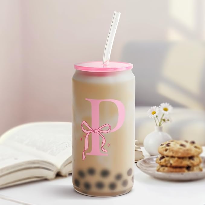 SANDJEST Monogrammed Glass Drinking Can Cup with Acrylic Lid and Straw, Personalized Frosted Iced Coffee Tumbler 16oz, Monogram Initial Gifts for Women Girls on Birthday (P)
