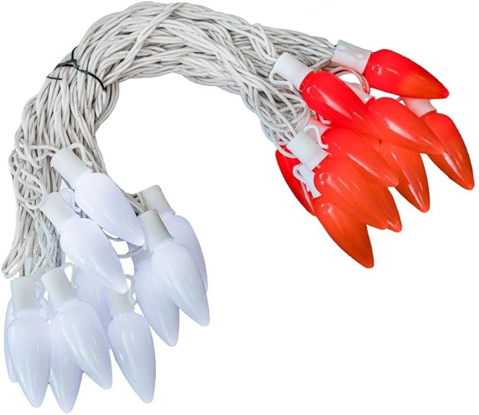 Novelty Lights 25 Feet 25 Light C9 Ceramic Style LED String Lights, Red/Pure White, Pre-Lamped Christmas Lights on White Wire, UL Listed Indoor/Outdoor, Connectable End-to-End