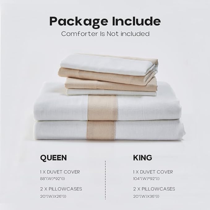 Simple&Opulence French Linen Duvet Cover Set with Stripe 88”x92”, 3 Pieces(1 Comforter Cover and 2 Pillow Shams) Rustic Natural Flax Cotton Blend(Queen,White and Linen)
