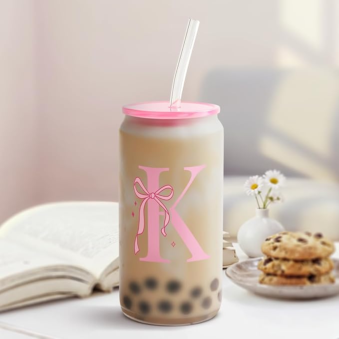 SANDJEST Monogrammed Glass Drinking Can Cup with Acrylic Lid and Straw, Personalized Frosted Iced Coffee Tumbler 16oz, Monogram Initial Gifts for Women Girls on Birthday (K)