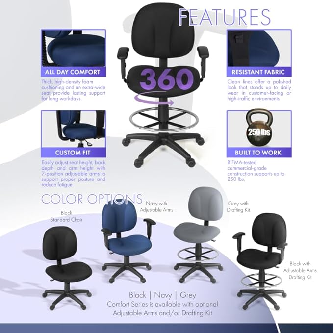 Romig Comfort Series Swivel Fabric Computer Task Chair with Adjustable Arms & Drafting Kit - Black