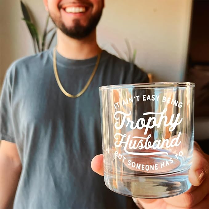 DOPTIKA Christmas Birthday Gifts For Him, 11 Oz Novelty Old Fashioned Glass, Anniversary Husband Gift From Wife, Bourbon Gifts For Men, It Ain't Easy Being A Trophy Husband Whiskey Glass