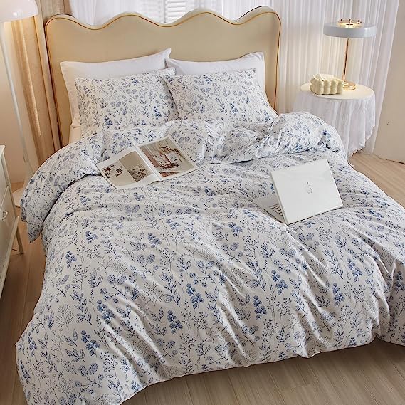 Cotton Floral Duvet Cover Full White Blue Floral Print Full Bedding Sets Vintage Boho Flower Comforter Cover Aesthetic Bedding Botanical Duvet Cover Cottagecore Comforter Cover with Zipper Closure