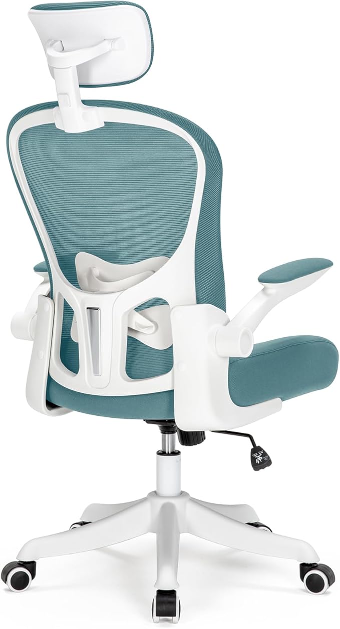 Ergonomic Office Chair with Adjustable Lumbar Support and Headrest, High Back Mesh Desk Chair for Home Office,Flip-Up Arms 90-120° Tilt Lock Rolling Swivel Task Chairs (White-Blue6065)