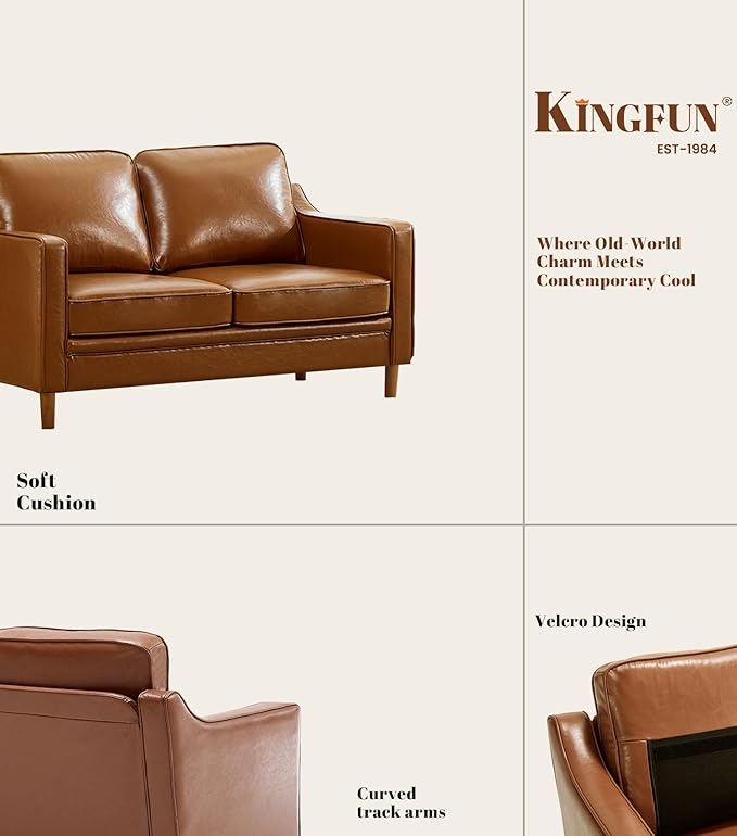 Kingfun 56" Faux Leather Sofa, Loveseat Couch, Mid Century Modern Love Seat Couches with Solid Wood Frame for Living Room & Bedroom, Dark Brown