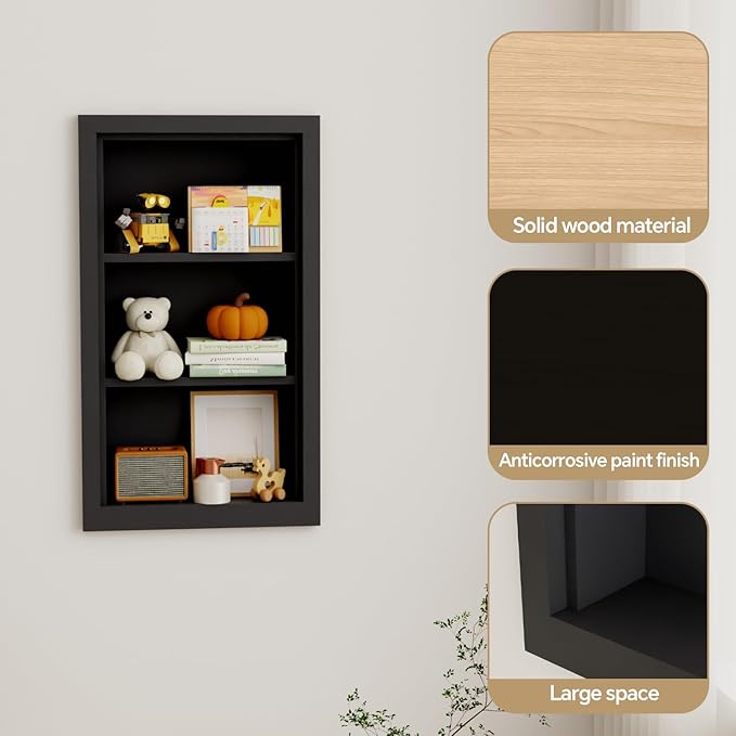Solid Wood 14 X 24 Recessed Medicine Cabinet,3-Tier, Medicine Cabinet Organizer,Wall Niche, Bathroom Wall Cabinet, Recessed Bathroom Cabinet,recessed Wall Cabinet, Black