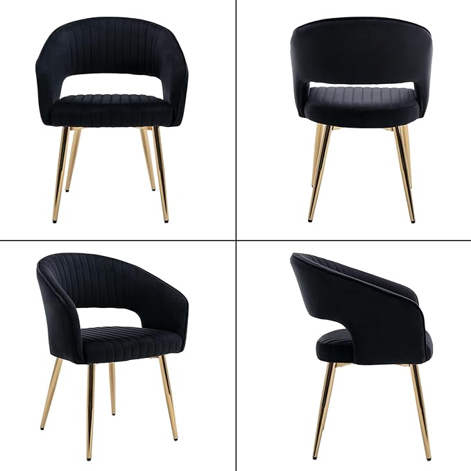 Modern Black Velvet Dining Chairs Set of 4, Upholstered Gold Dining Room Chairs with Tufted Back, Accent Armrest Kitchen Chairs with Gold Legs for Dining Room Reception