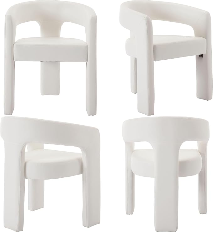 Set of 3 Modern PU Leather Upholstered Dining Chairs with Open-Back, Cute Barrel Side Chairs Kitchen Armchair Accent Chairs for Dining Room Bedroom, White
