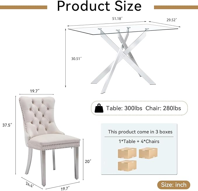 Goujxcy Glass Dining Table Set for 4, Modern Kitchen Table and Chairs Set of 4, 5-Piece Kitchen Dining Room Table Set w/51 Glass Metal Dining Table and 4 Beige Velvet Upholstered Chairs, Silver/Beige