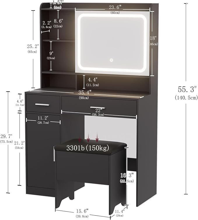 Vanity Desk with Sliding Mirror & Power Outlets - Dimmable LED Lighting, 4 Open Shelves, 2 Drawers, 1Storage Cabinet & Padded Stool - Ideal Bedroom Makeup Dressing Table (Black)