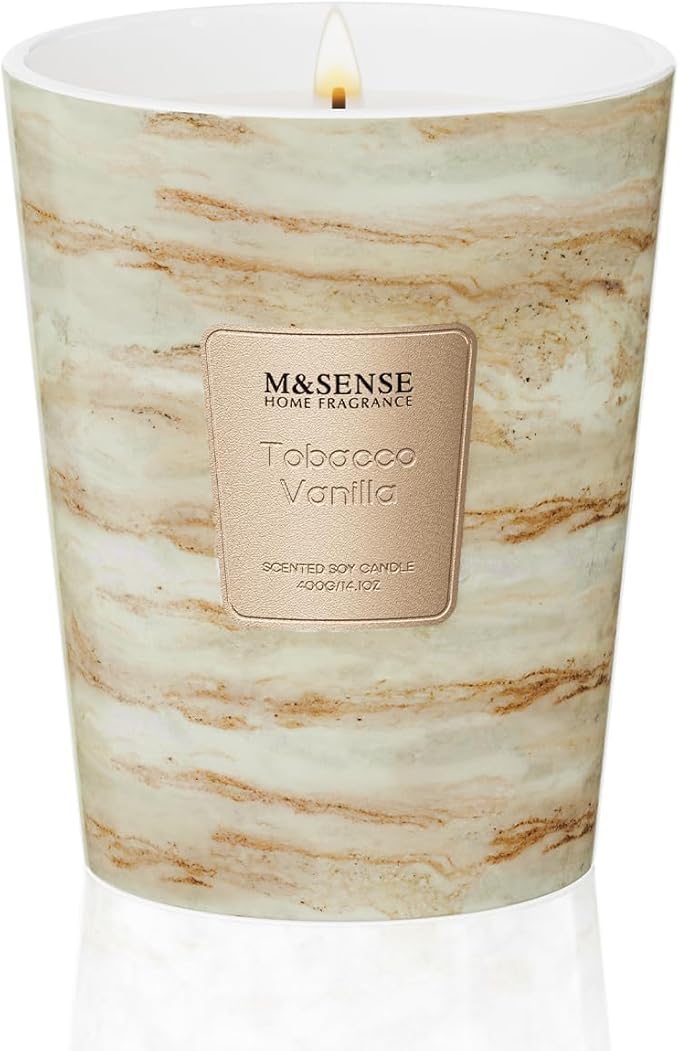 M&SENSE Tobacco Vanilla Scented Soy Candle, 3 Wick Highly Scented 14.1 Oz 80H, Aromatherapy Christmas Gift for Women and Men