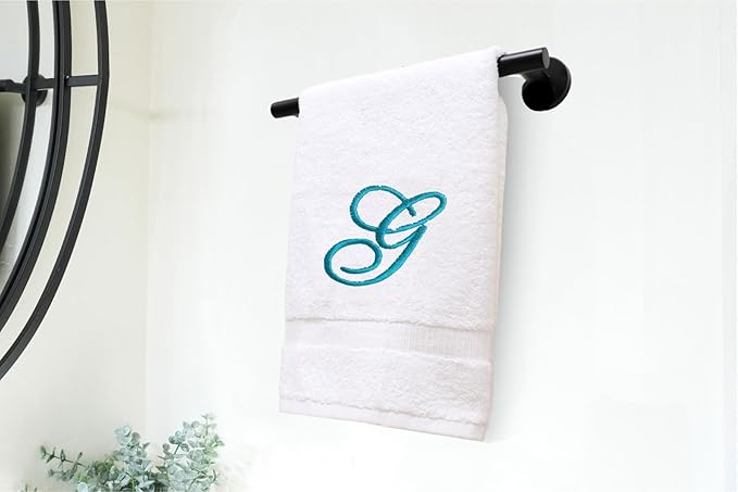 White Monogrammed Hand Towels for Bathroom - Luxury Hotel Quality Personalized Initial Embroidered Towel for Powder Room, Spa - GOTS Organic Certified - Set of 2 Teal Letter G