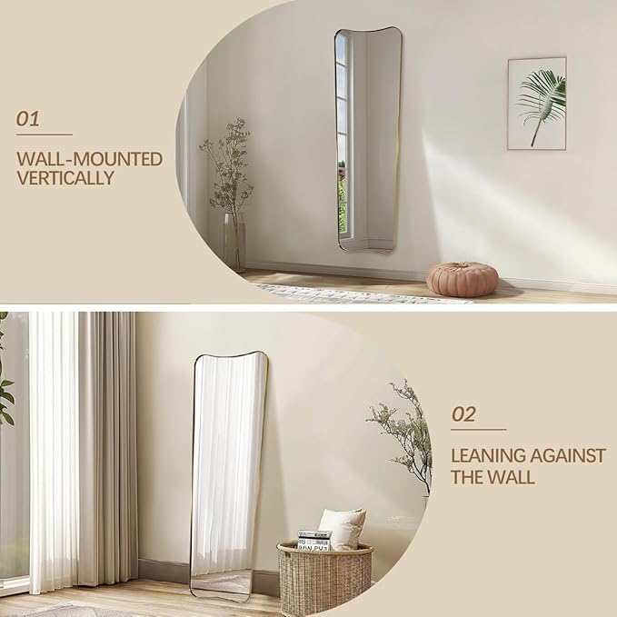 ANDY STAR 24" x 65" Full Length Mirror, Brushed Gold Floor Mirror with Premiun Stainless Steel Thin Frame, Antique Italian Curved Design, Wall Mountable or Leaning for Bedroom, Living Room, Cloakroom