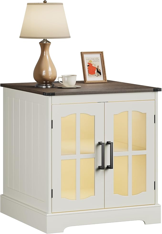 ChooChoo Farmhouse End Table with Charging Station, 24" Large Sofa Side Table with LED, Square Nightstand with Glass Barn Door, Bedside Table with Storage for Living Room, Beige(Cream and Brown