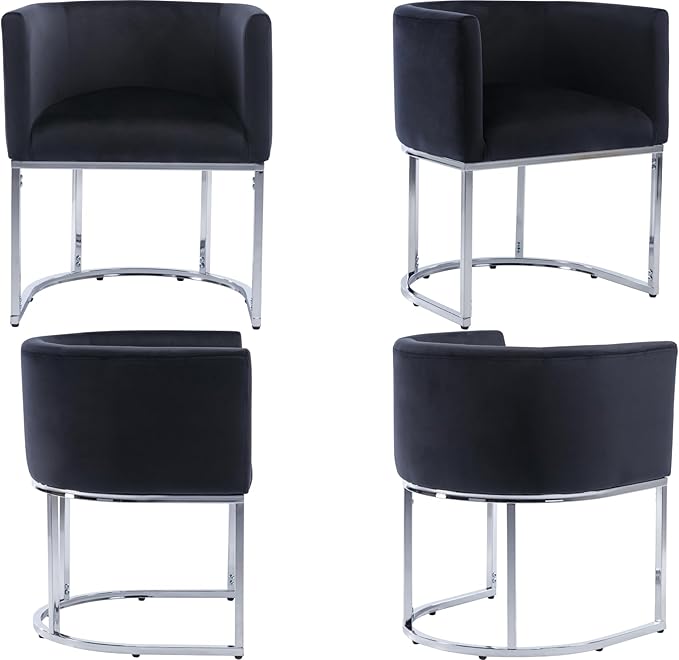 Velvet Dining Chair Modern Barrel Arm Chairs with Chrome Metal Frame, Upholstered Kitchen Chairs 18.5" Wide Accent Chair for Living Room Dining Room Restaurant, Black