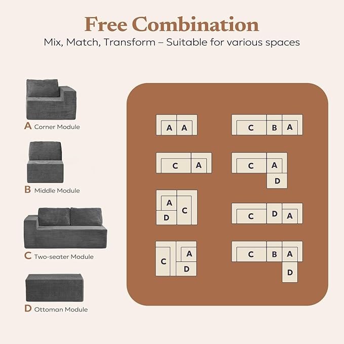 30" Modular Upholstered Foam Couch, Upholstered Floor Sofa Couch with Pillow, Bean Bag Chair for Bedroom Living Room, No Assembly Required (Black, Plush Corduroy Fabric)