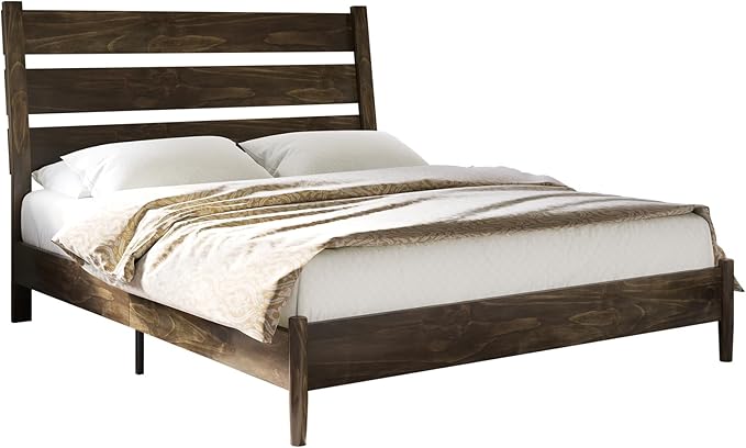 VanAcc Solid Wood Queen Bed Frame, Platform Bed with Reclining Slatted Headboard, Mid Century Bed Frame with Wood Slat Support, Dark Brown