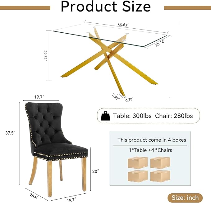 Goujxcy Glass Dining Table Set for 4, Modern Kitchen Table and Chairs Set of 4, 5-Piece Kitchen Dining Room Table Set w/61 Glass Gold Dining Table and 4 Black Velvet Upholstered Chairs