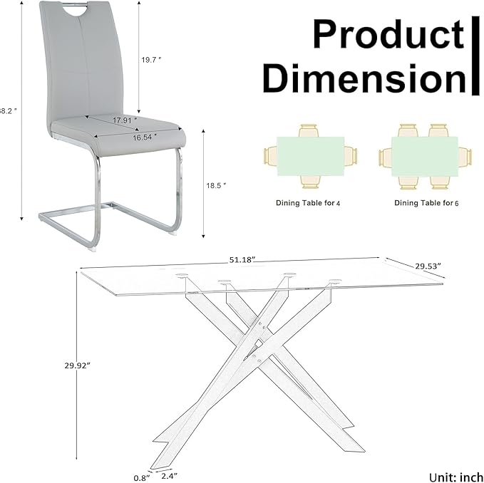 Goujxcy Modern Glass Dining Table Set for 4, Black Glass Kitchen Table and Chairs Set, 5 Piece Dining Room Table Set with 51" Rectangle Dinner Table and 4 Grey Leather Dining Chairs