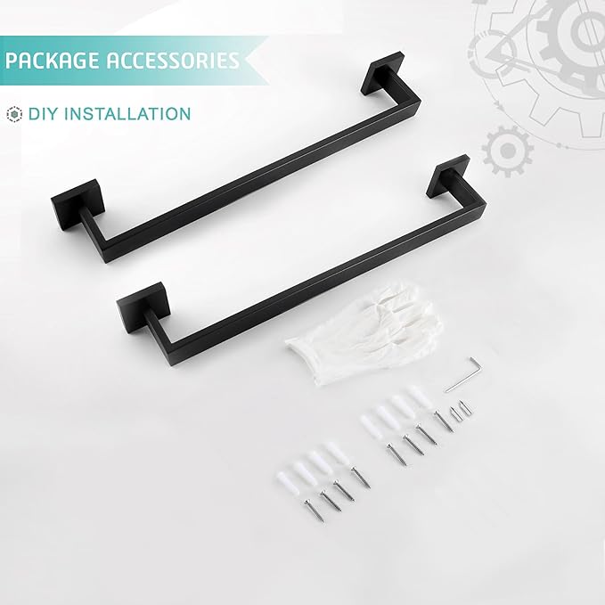 LANC 2 Pack 16-Inch Bathroom Towel Bars, Total-18 Bathroom Square Towel Racks Kitchen Hand Towel Holders SUS304 Stainless Steel Wall Mount Towel Hanger Towel Rods, Matte Black A8804-4MB