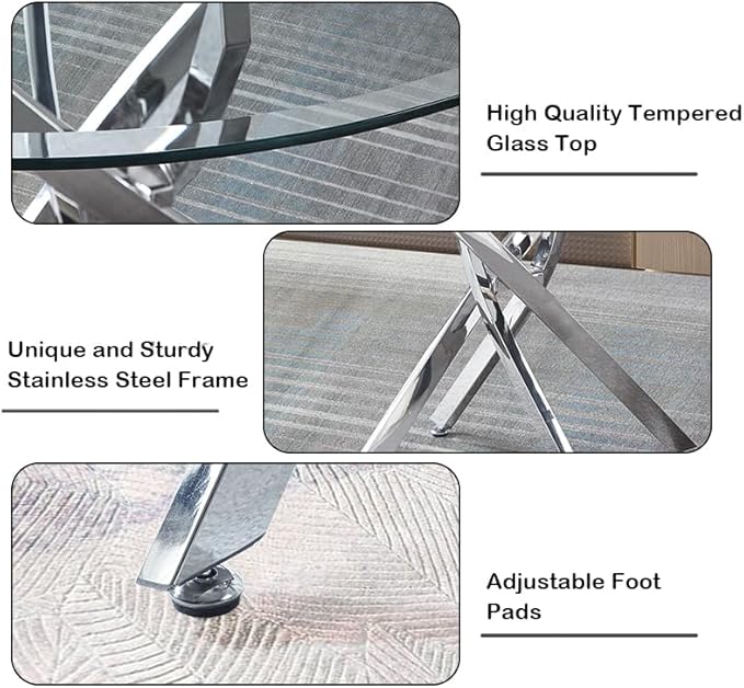Goujxcy 3 Piece Round Glass Dining Table Set for 2, 36" Round Dining Table & Chair Set Modern Circle Glass Kitchen Table and 2 Velvet Upholstered Chairs for Kitchen Dining (Silver Table & Black Chair)