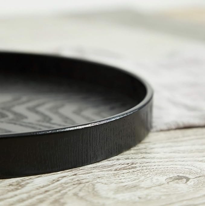 Round Wood Serving Tray, Solid Wooden Decorative Tray Non-Slip Tea Coffee Table Tray Snack Plate Food Meals Serving Tray with Raised Edges for Home Decor Kitchen Restaurant (9.5inch, Black)