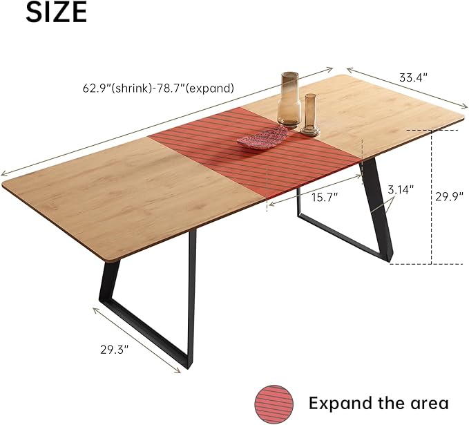ZckyCine 7-Piece Dining Set, 63"-79" Expandable Mid-Century Modern Table with 6 Chairs, Leather Seat & Backrest, Metal Frame, Oak/Grey for Dining Room/Home