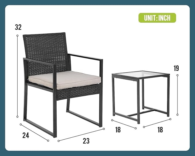 FDW 3 Pieces Outdoor Patio Furniture Wicker Bistro Rattan Chair Conversation Sets for Yard Lawn Balcony Poolside Backyard,Black