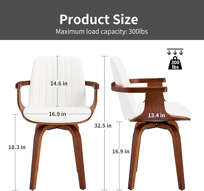 Swivel Dining Chairs Set of 2 - Mid Century Modern Kitchen Chairs for Dining Room, Upholstered PU Leather Chairs with Walnut Arms and Legs, White