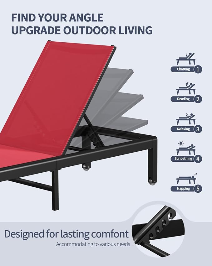 Aluminum Lounge Chairs Outdoor Chaise Furniture,2 Sets Patio Metal Deck Lounger Adjustable 5-Position Poolside Chase Recliner with Wheels for Beach,Coffee Table, (Red, 2 Chair)