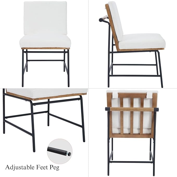 DUOMAY Mid-Century Modern Dining Chairs Set of 2, Sherpa Upholstered Side Chair with Rear Handle, Armless Chair with Metal Legs for Kitchen Dining Room Living Room Vanity, White