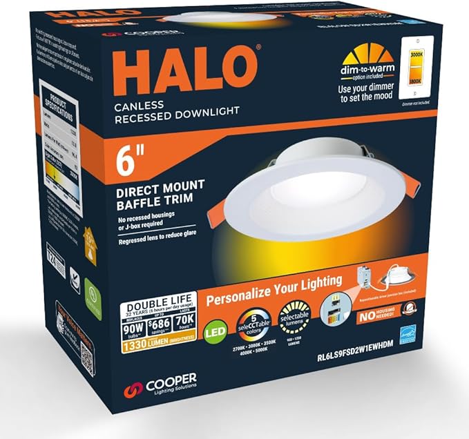 HALO RL 6-Inch Indoor/Outdoor Canless LED Downlight with Selectable Color Temperatures - RL6069FSD2W1EWHDM
