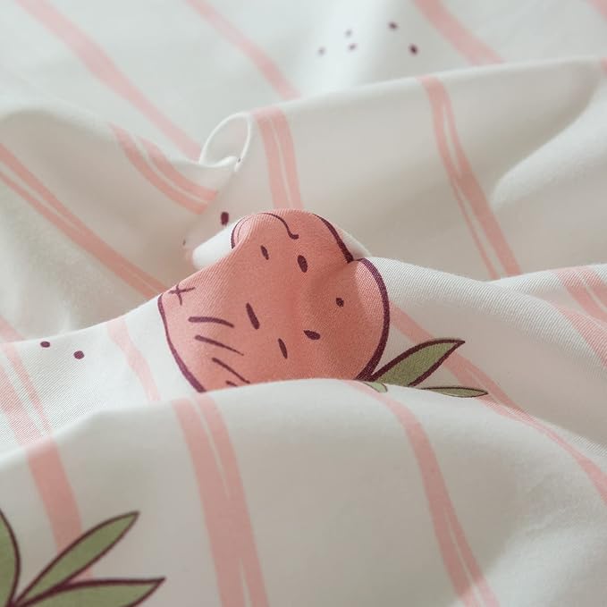 LifeTB Cute Strawberry Duvet Cover Full Size 3 Pieces Fruit Bedding Set Reversible Pink Plaid 100% Cotton Quilt Cover with Zipper Closure Kids Kawaii Pink Strawberry Comforter Cover for Girls Women