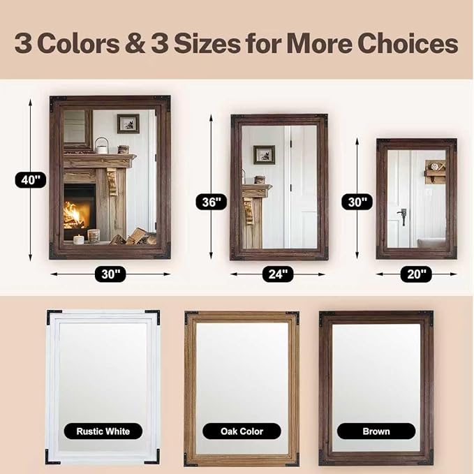 Full Length Mirror 36"x24" Solid Wood Frame Floor Standing Mirror, Hanging or Leaning Wall-Mounted for Living Room, Bedroom, Brown