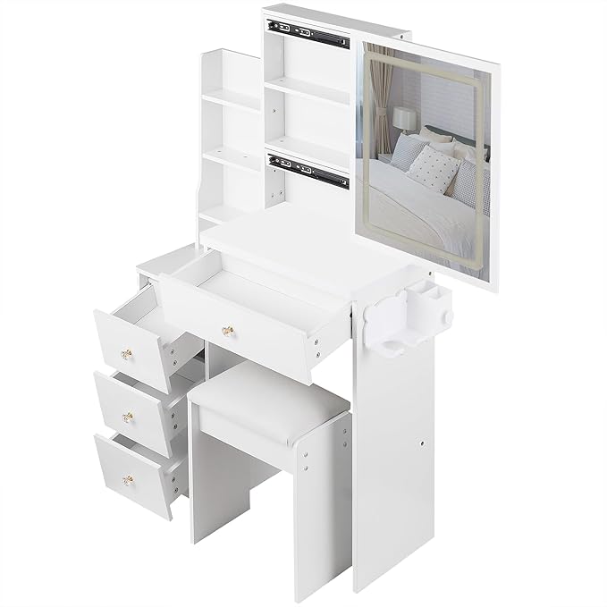 Makeup Vanity Desk Set with LED Lights, 3-Mode Adjustable Lights, Small Vanity with Chair,Compact Space Storage Shelves, Hair Dryer Holder Compact Vanities Table for Bedroom, White