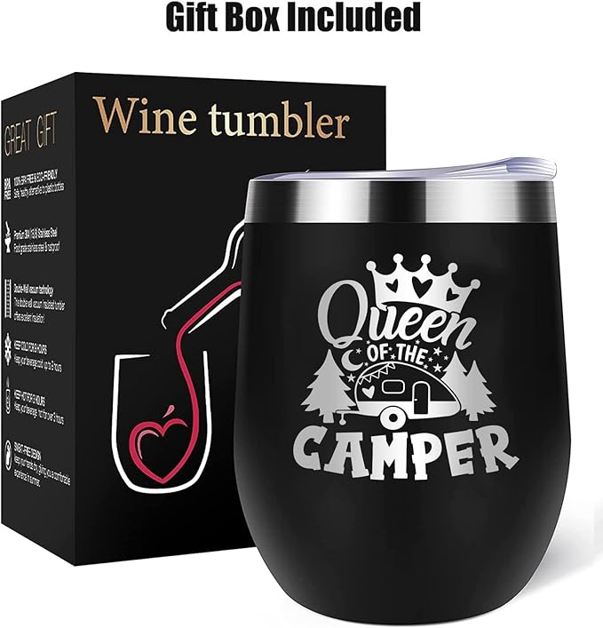 Queen of The Camper Wine Tumbler, Camping Gifts Coffee Mug Cup, Camp Wine Glass Stemless Tumblers with Lid Stainless Steel Insulated Vacuum, RV Gifts for Women Camper Travel Outdoors 12 Oz