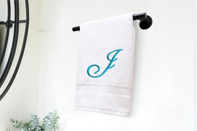 White Monogrammed Hand Towels for Bathroom - Luxury Hotel Quality Personalized Initial Embroidered Towel for Powder Room, Spa - GOTS Organic Certified - Set of 2 Teal Letter J