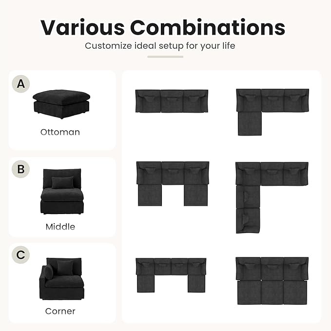 WJShome 160" Cloud Couch Sectional for Living Room, Down Filled Modular Sectional Sofa,4 Seater Convertible Couch, Sofa Covers Washable&Replaceable,Black