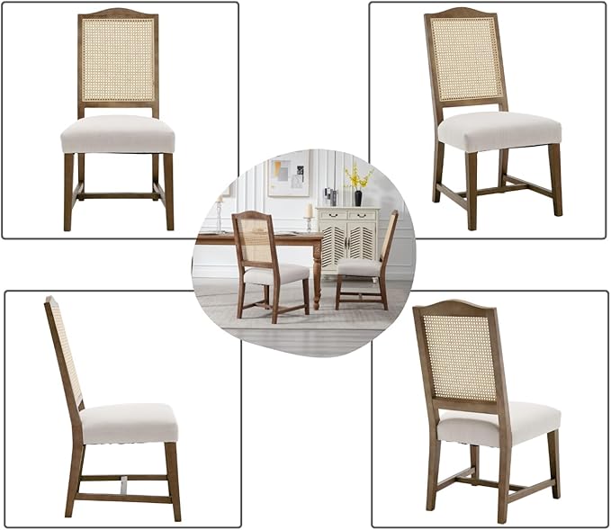 EALSON Rattan Dining Chairs Set of 2 Linen Upholstered Dining Room Chairs with Cane Back Mid Century Modern Kitchen Chairs Natural Wood Frame Side Chair for Dining Room, Beige