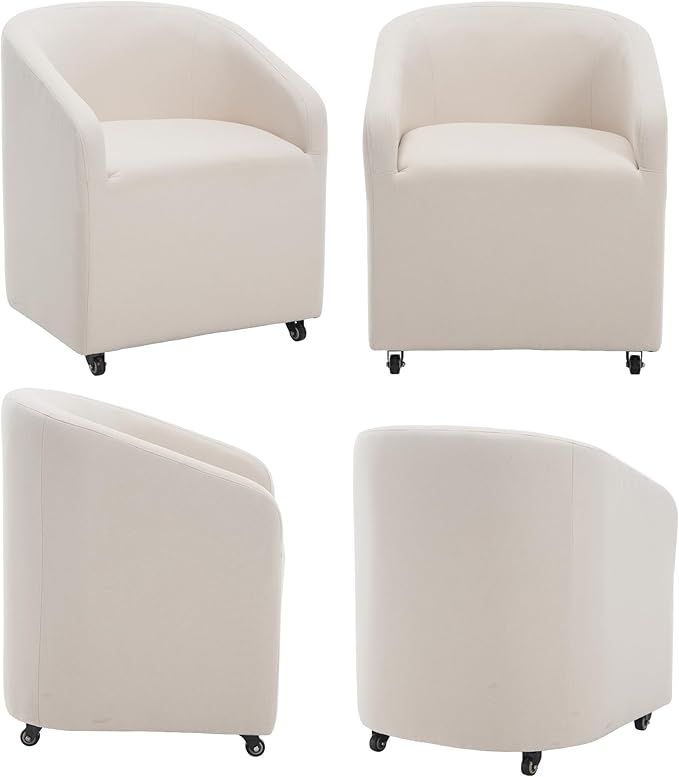 Set of 6 Modern Upholstered Dining Chairs with Swivel Casters, Linen Barrel Back Accent Side Chair for Dining Room Living Room, Beige