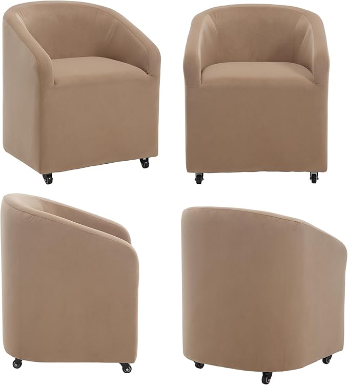 Khaki Barrel Dining Room Chair with Swivel Casters Velvet Upholstered Modern Dining Chair with Arms Back Accent Side Chair for Living Reading Room Kitchen Bedroom